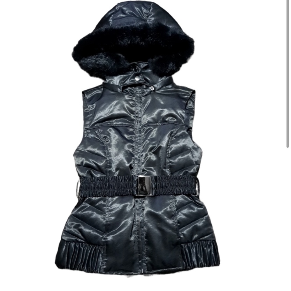 Clear-out. Offer. Rabbit Fur & Satin Elastic Waist, Belted Hooded Puffer Vest